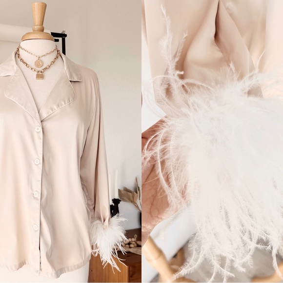 SOLD ❌ CREAM FEATHER DETAILED SILKY BLOUSE - Picture 2 of 13